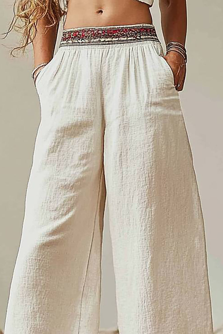 Casual Daily Wide-Leg Pants Beige Elastic Waist Pocketed Long Pants