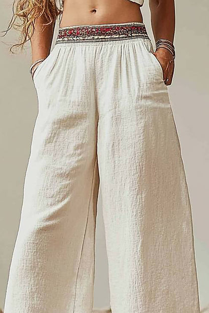 Casual Daily Wide-Leg Pants Beige Elastic Waist Pocketed Long Pants