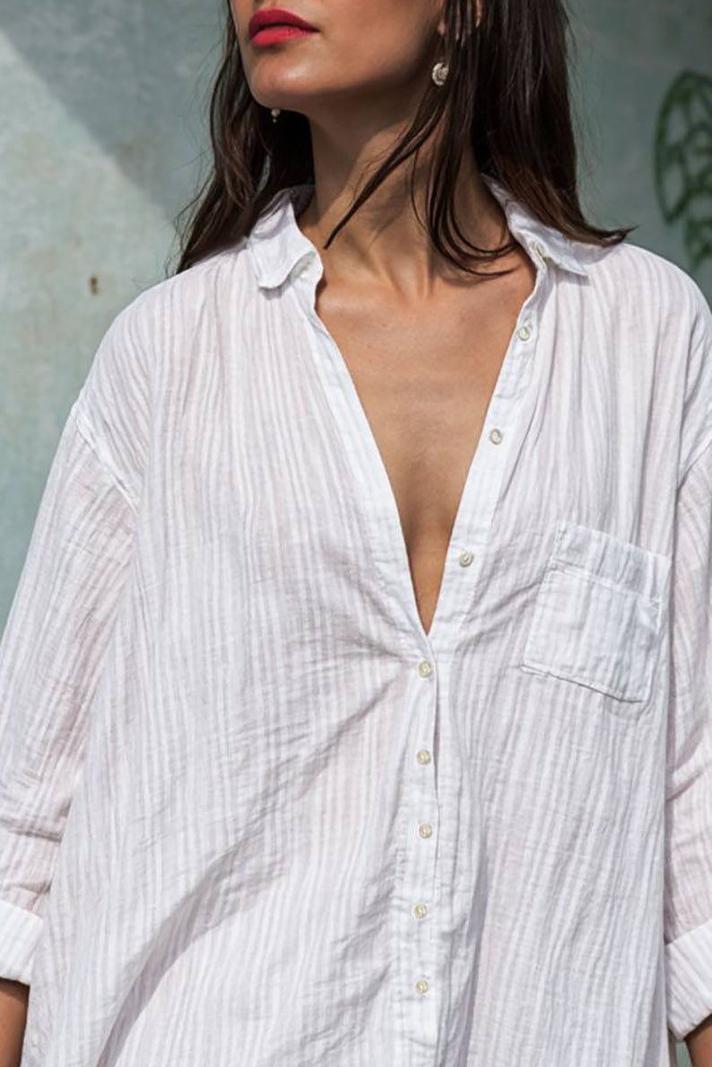 Casual Vacation Linen Shirt Front Short Back Long Striped Breathable Deep V Top