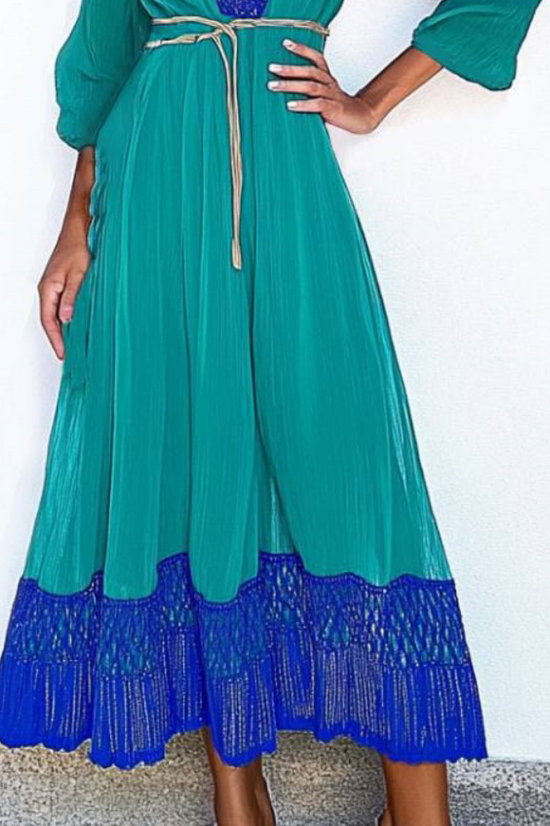 Vacation Casual Loose Dress Green Deep V Neck Lace Long Sleeve Maxi Dress