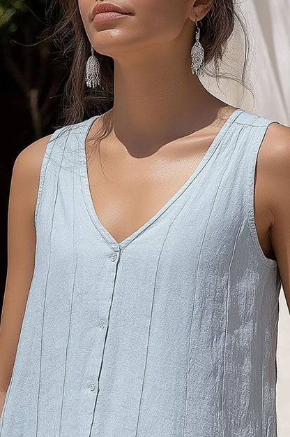 Casual Vacation Tops with Button-up Linen Sleeveless Light Blue V-neck Top