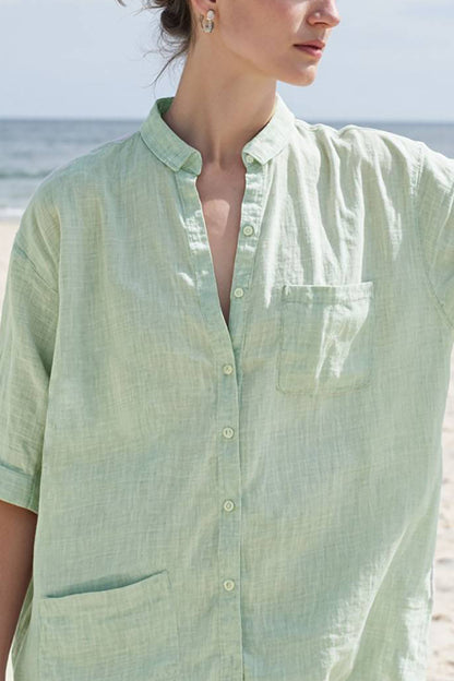 Beach Vacation Shirt Mint Green Collared Short Sleeve Asymmetric Pocket Top