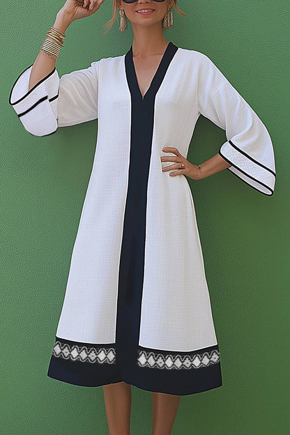 Vacation Casual Linen Dress V-Neck Black White Woven Strap Midi Dress