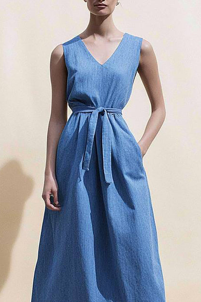 Casual Daily Denim Dress V-Neck Belted with Pocketed Midi Dress