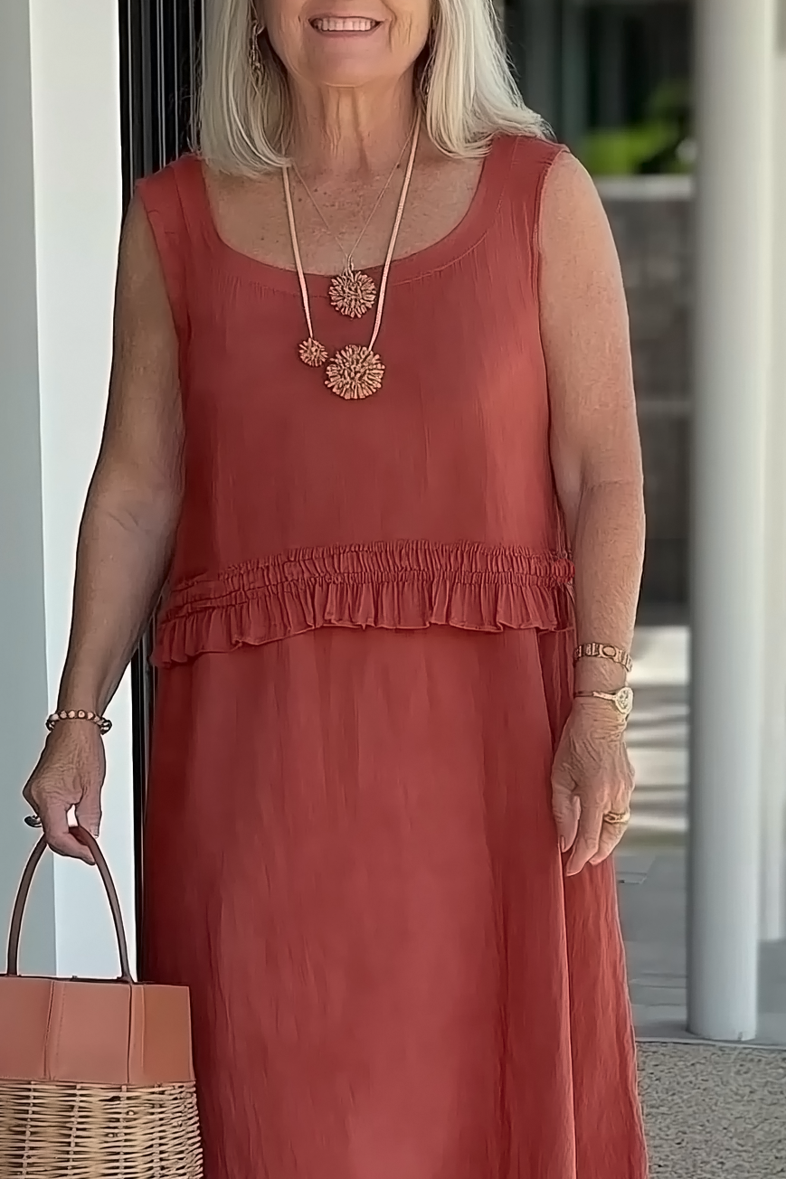 Vacation Casual Loose Dress Linen Brown Ruffle Sleeveless U-Neck Midi Dress