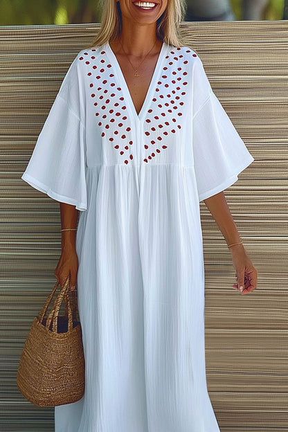 Casual Vacation Loose Dress White Floral Linen V-Neck Maxi Dress