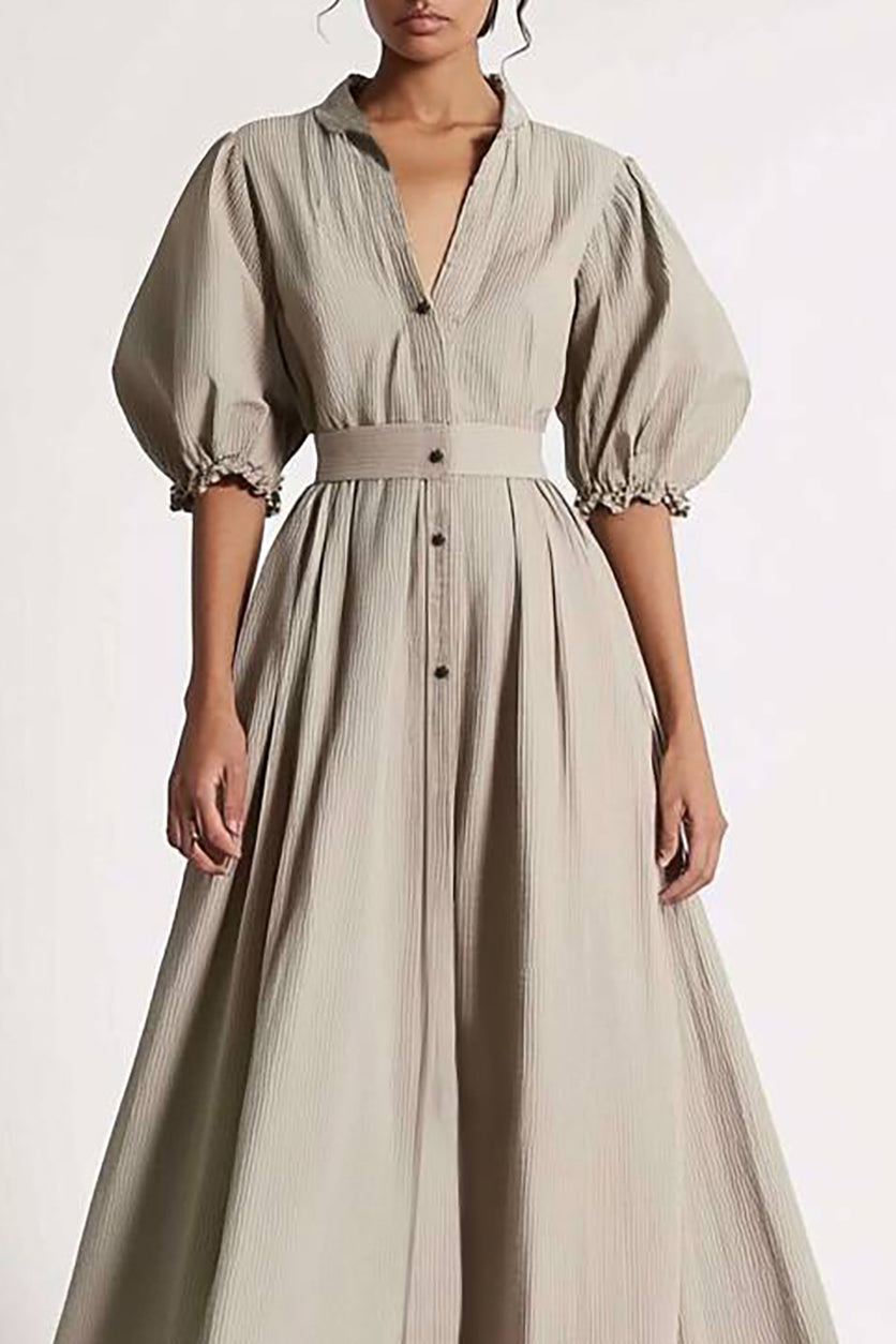 Casual Active Shirt Dress Grey Collared Buttoned Bubble Sleeve Maxi Dress