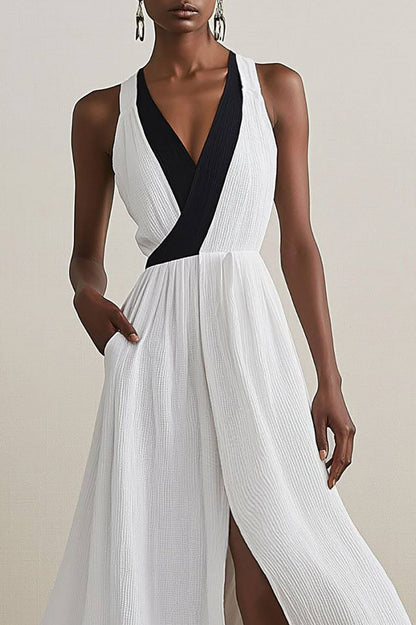 Beach Holiday Linen Dress Color Block Slit Suspenders Maxi Dress