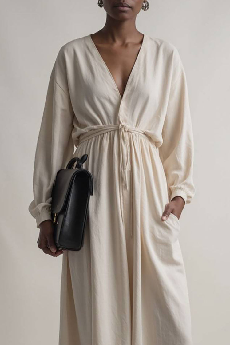 Beach Vacation Linen Dress Long Sleeve Pocket Deep V Maxi Dress