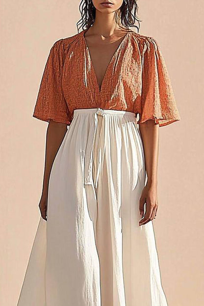 Casual Daily Dress V-Neck Orange and White Color Block Midi Dress