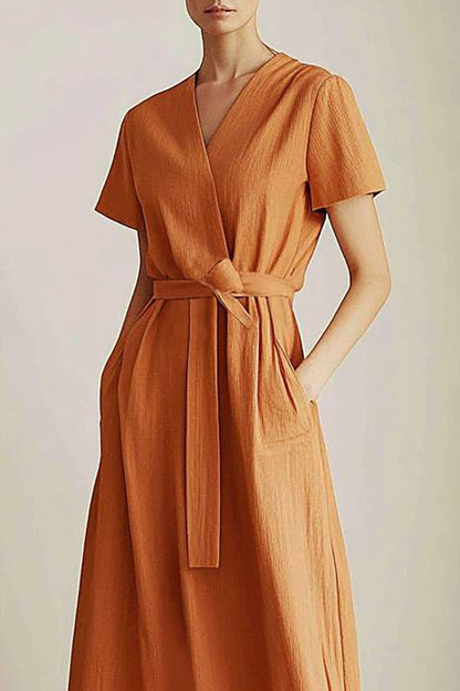 Casual Vacation Linen Dress Orange V-Neck with Pockets Midi Dress