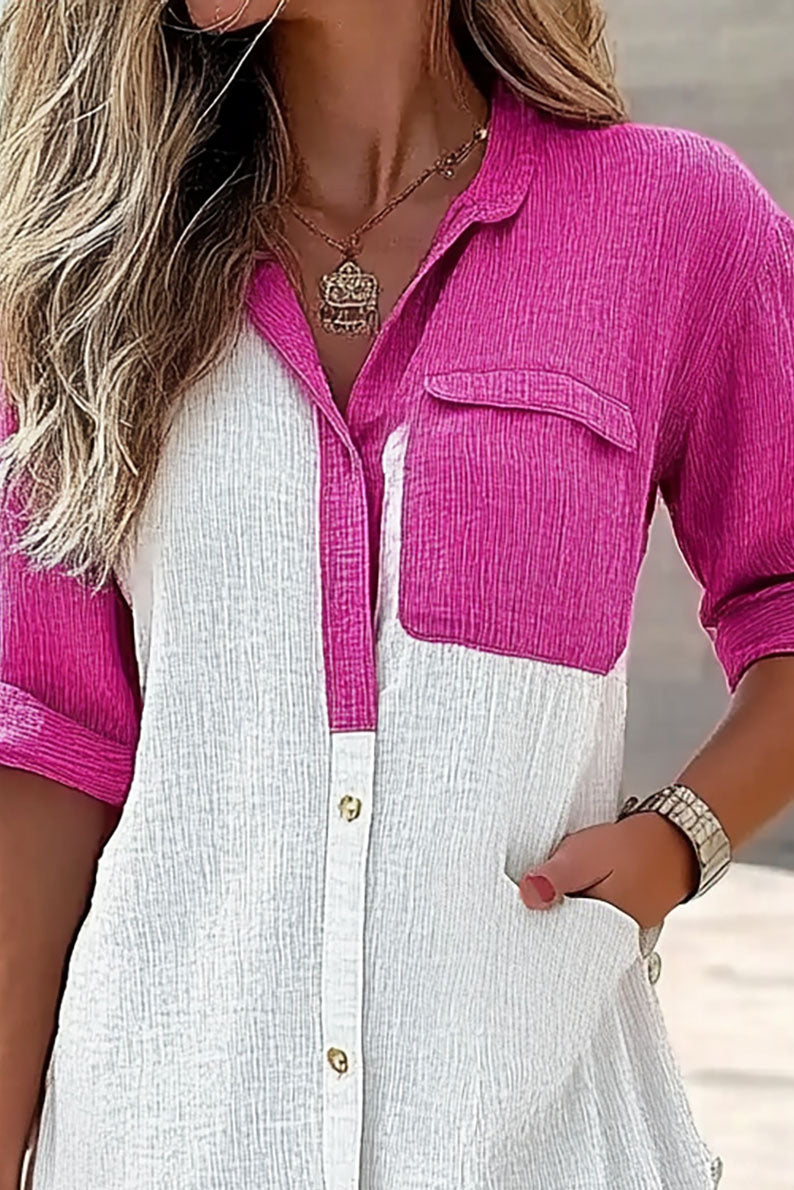 Daily Vacation Color Block Shirt Long Sleeve Pocket Top