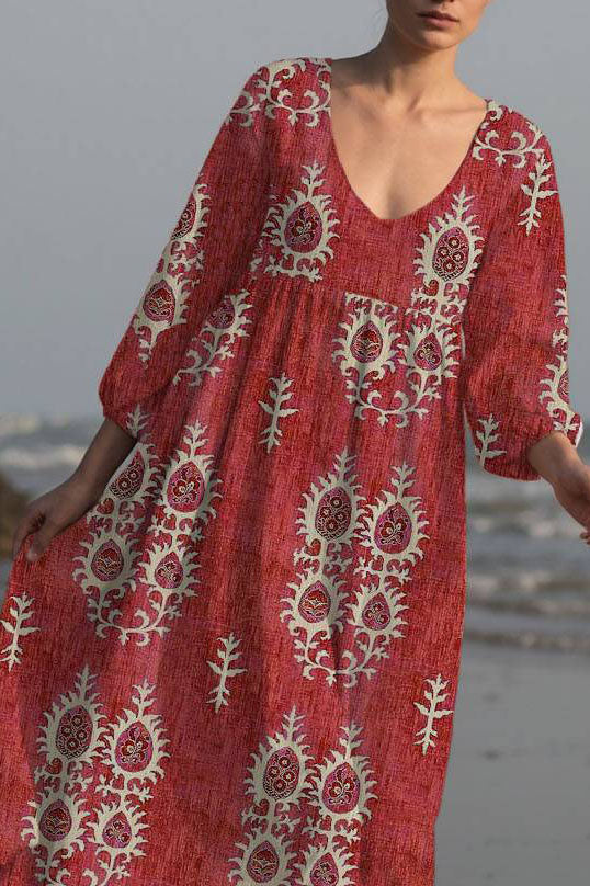 Bohemian Vintage Floral Dress Red Large Round Neck Loose Midi Dress