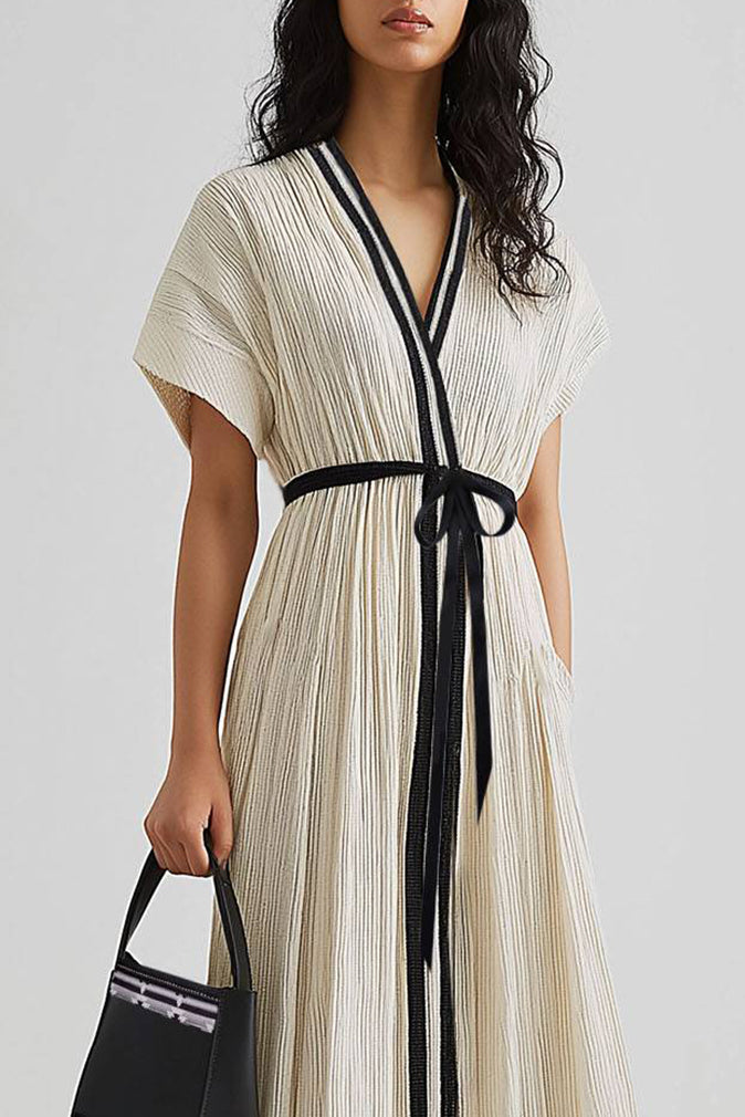 Holiday Casual Linen Dress Tie-Up V-Neck Loose Short-Sleeved Maxi Dress