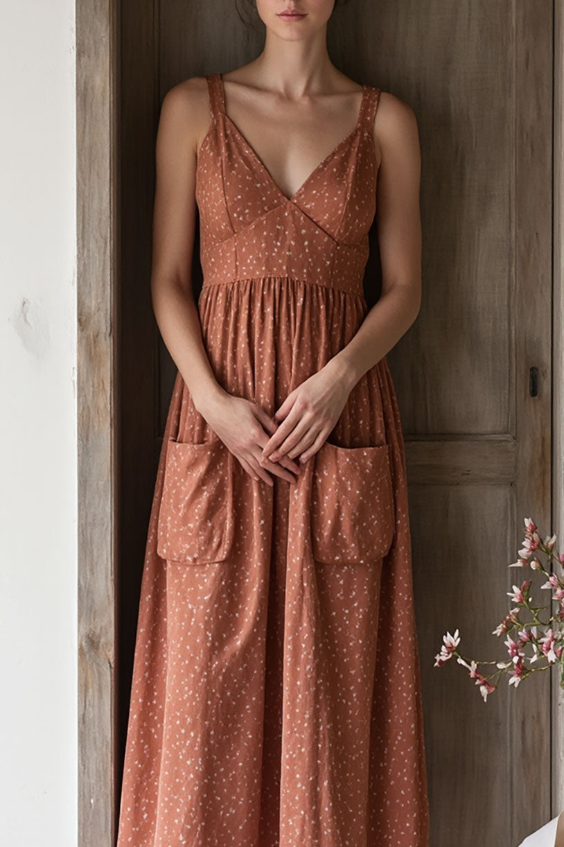 Casual Daily Floral Dress Brown Linen Floral with Pocketed Midi Dress