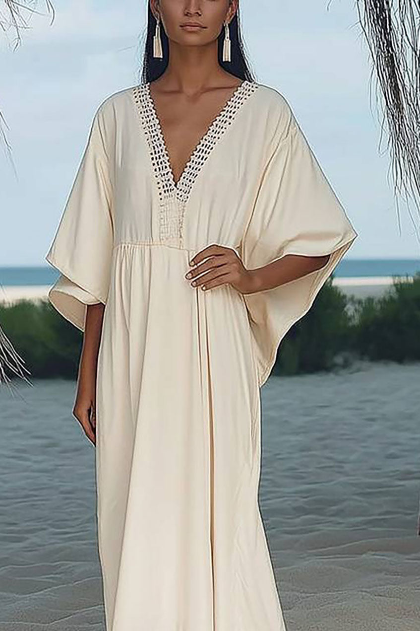 Bohemian Vacation Dress Lace Deep V Tassel Loose Maxi Dress