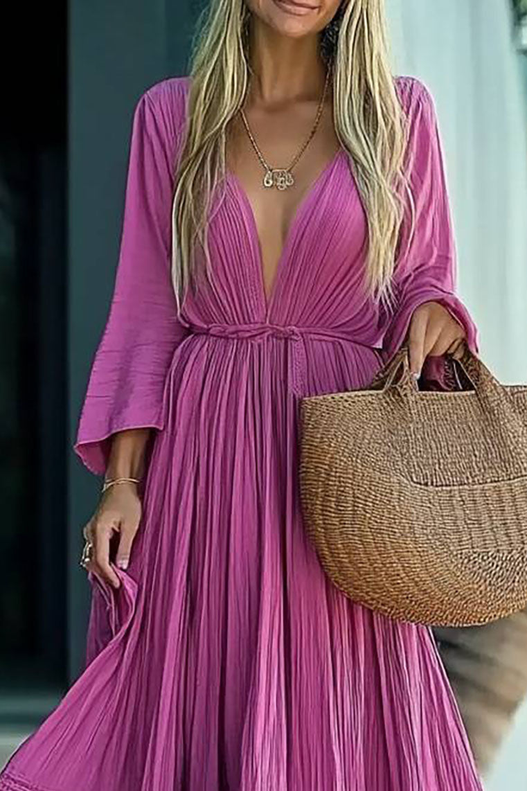 Bohemian Casual Dress Deep V Long Sleeve Purple Maxi Dress