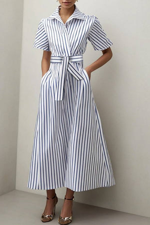 Vacation Casual Loose Stripe Dress Blue Shirt Collar Print Short Sleeve Maxi Dress