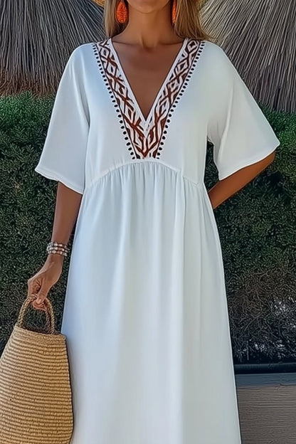 Vacation Casual Loose Dress White V Neck Half Sleeve Maxi Dress