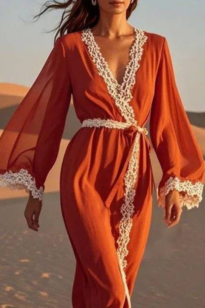 Vacation Swing Casual Loose Dress Red V Neck Patchwork Long Sleeve Maxi Dress