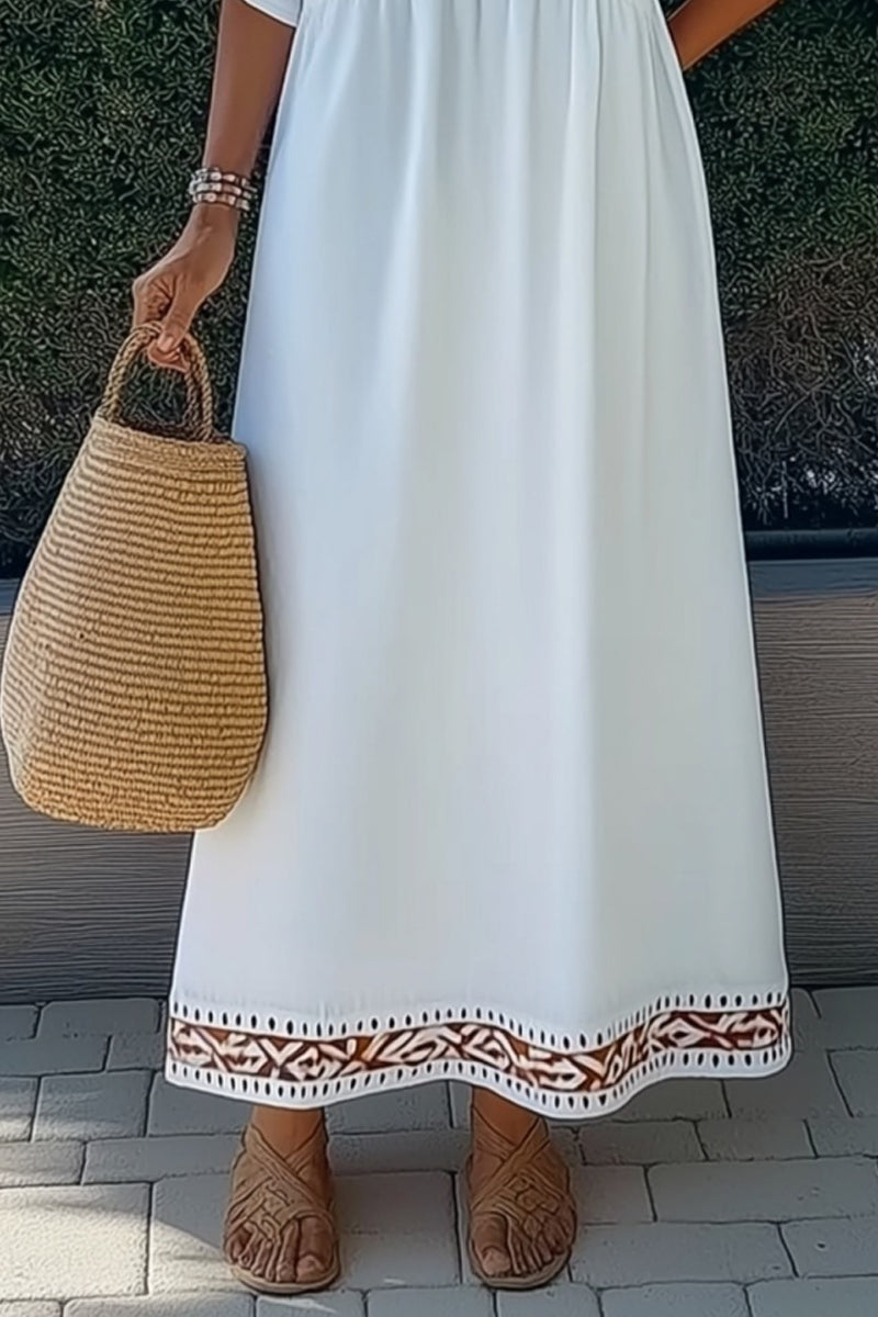 Vacation Casual Loose Dress White V Neck Half Sleeve Maxi Dress