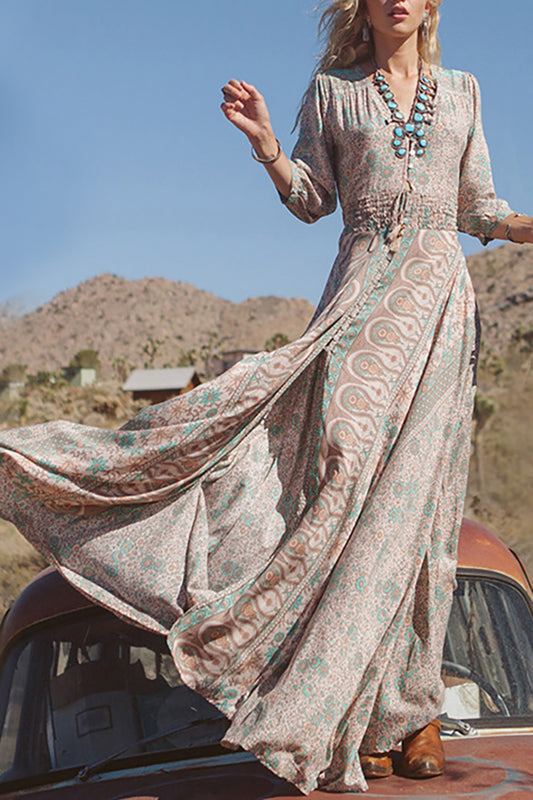 Bohemian Printed Dress Elastic Waist V-neck Maxi Dress