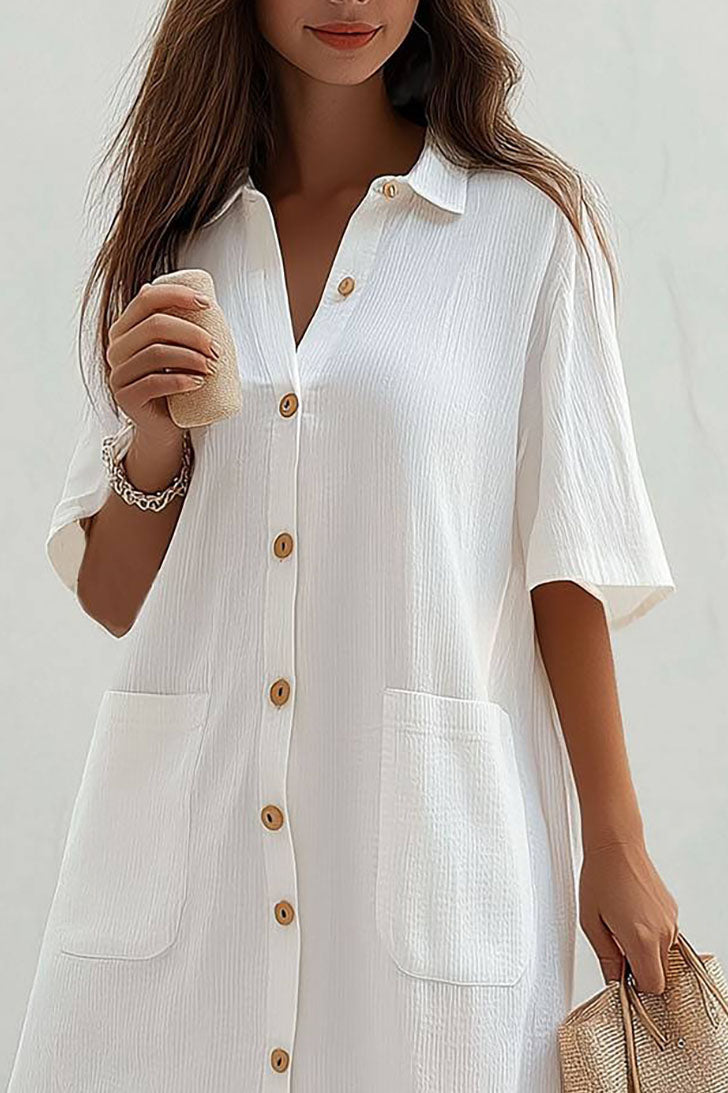 Daily Casual Shirt Dress Collared Buttoned Short Sleeve Pocketed Knee-length Dress