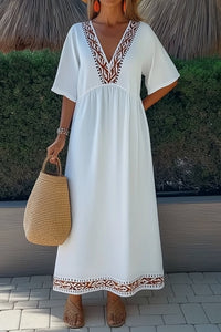 Vacation Casual Loose Dress White V Neck Half Sleeve Maxi Dress