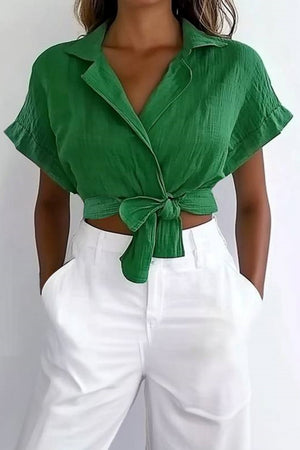 Basic Casual Top Shirt Collar Green Ruffle Lace up Short Sleeve Top