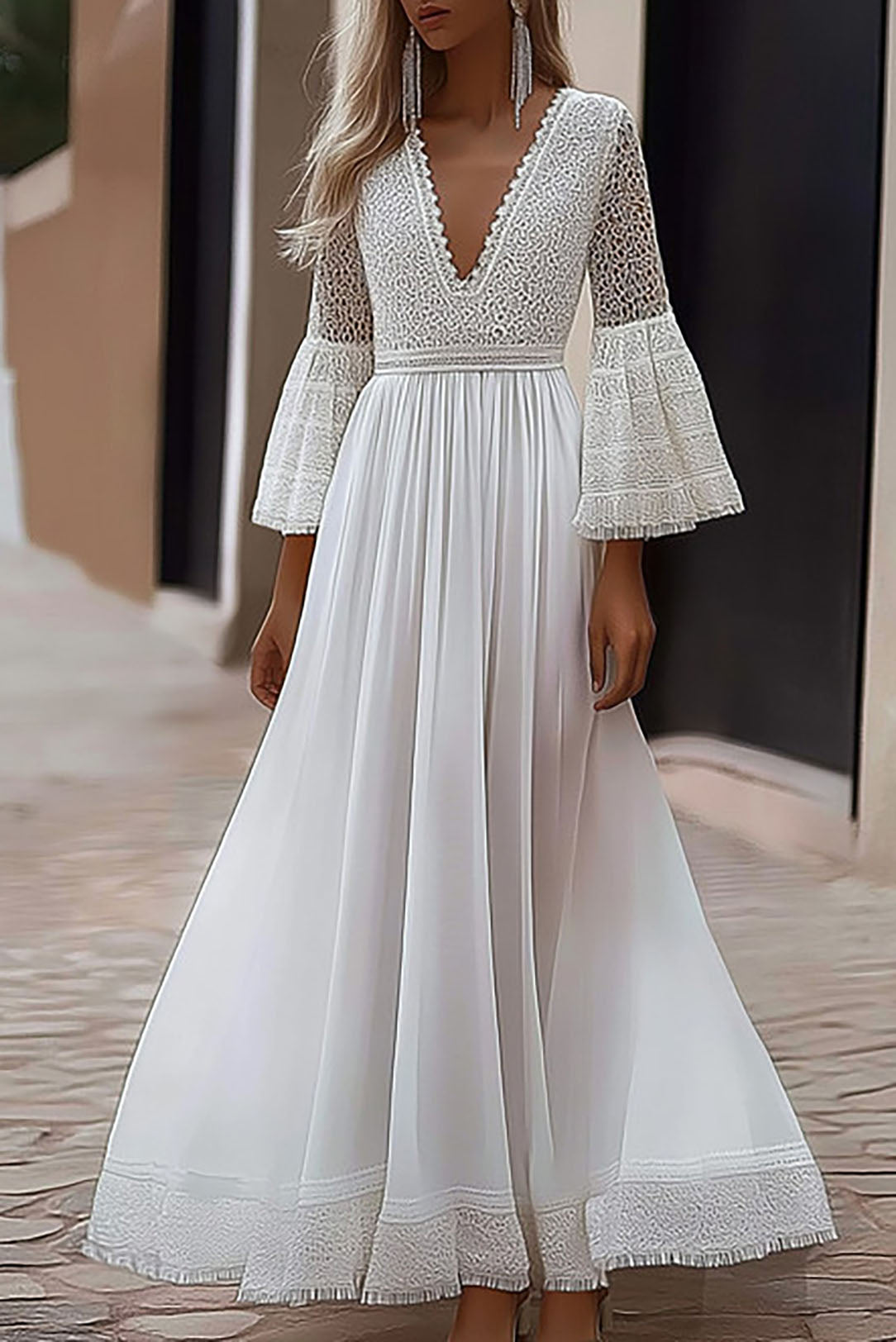 Elegant Lace Dress Regular Fit Dress White Deep V 3/4 Length Sleeve Maxi Dress