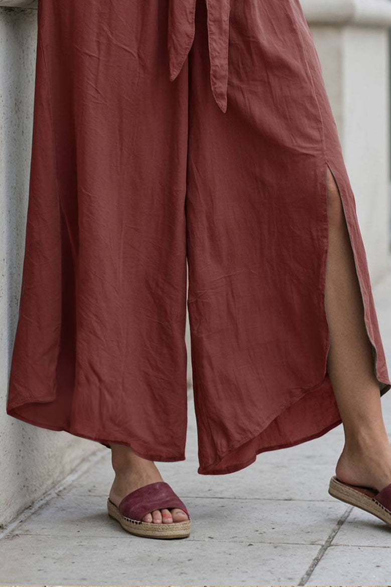 Bohemian Casual Long Pants Elastic Waist Lace-up Wide-leg Pants