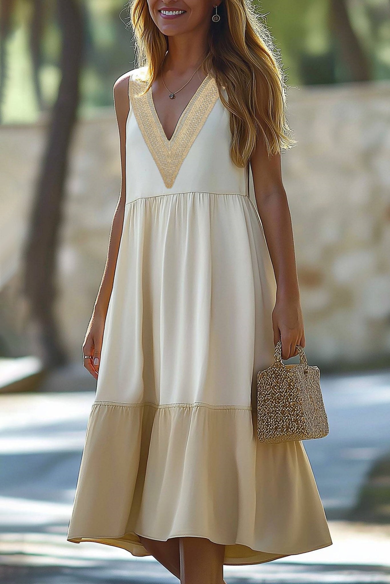 Vacation Casual Loose Dress Khaki V Neck Sleeveless Midi Dress