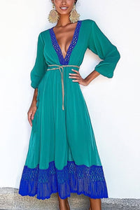 Vacation Casual Loose Dress Green Deep V Neck Lace Long Sleeve Maxi Dress