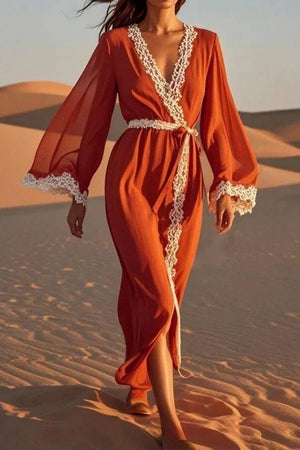 Vacation Swing Casual Loose Dress Red V Neck Patchwork Long Sleeve Maxi Dress