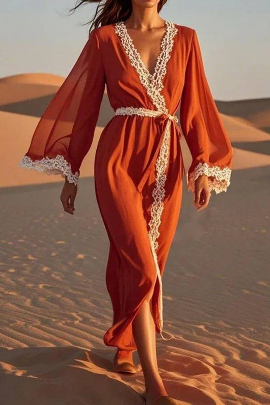 Vacation Swing Casual Loose Dress Red V Neck Patchwork Long Sleeve Maxi Dress