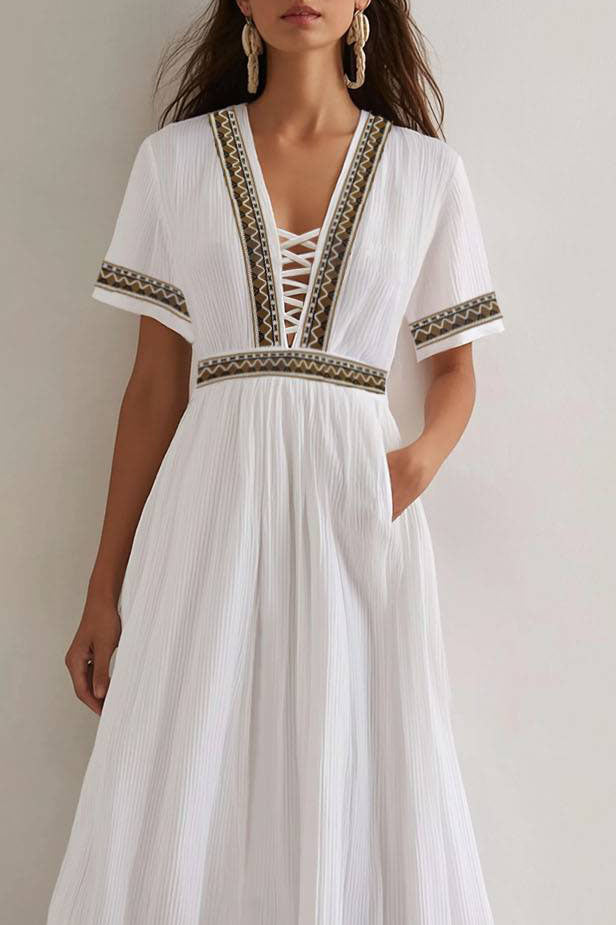 Bohemian Beach Dress Ethnic Style Deep V Hollow Out Pocketed Maxi Dress