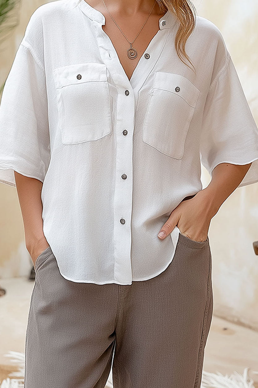 Daily Casual Tops Button-up Half Sleeves Pockets Breathable Linen Shirt