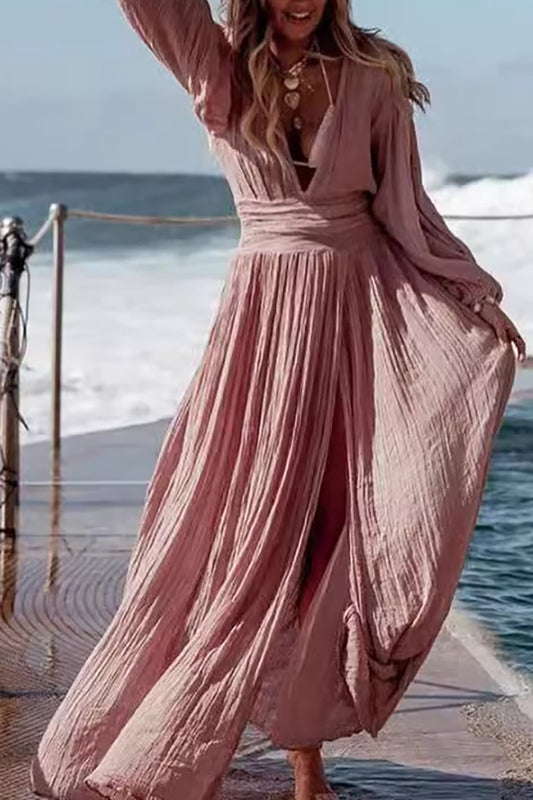 Vacation Romantic Dress Lantern Sleeve Pleated V-neck High Split Dress