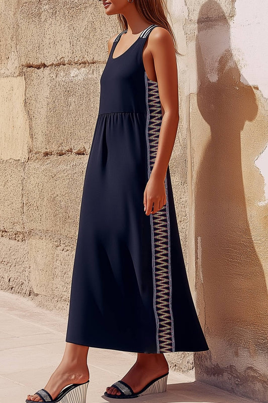 Vacation Casual Loose Dress Navy Blue U Neck Patchwork Sleeveless Maxi Dress