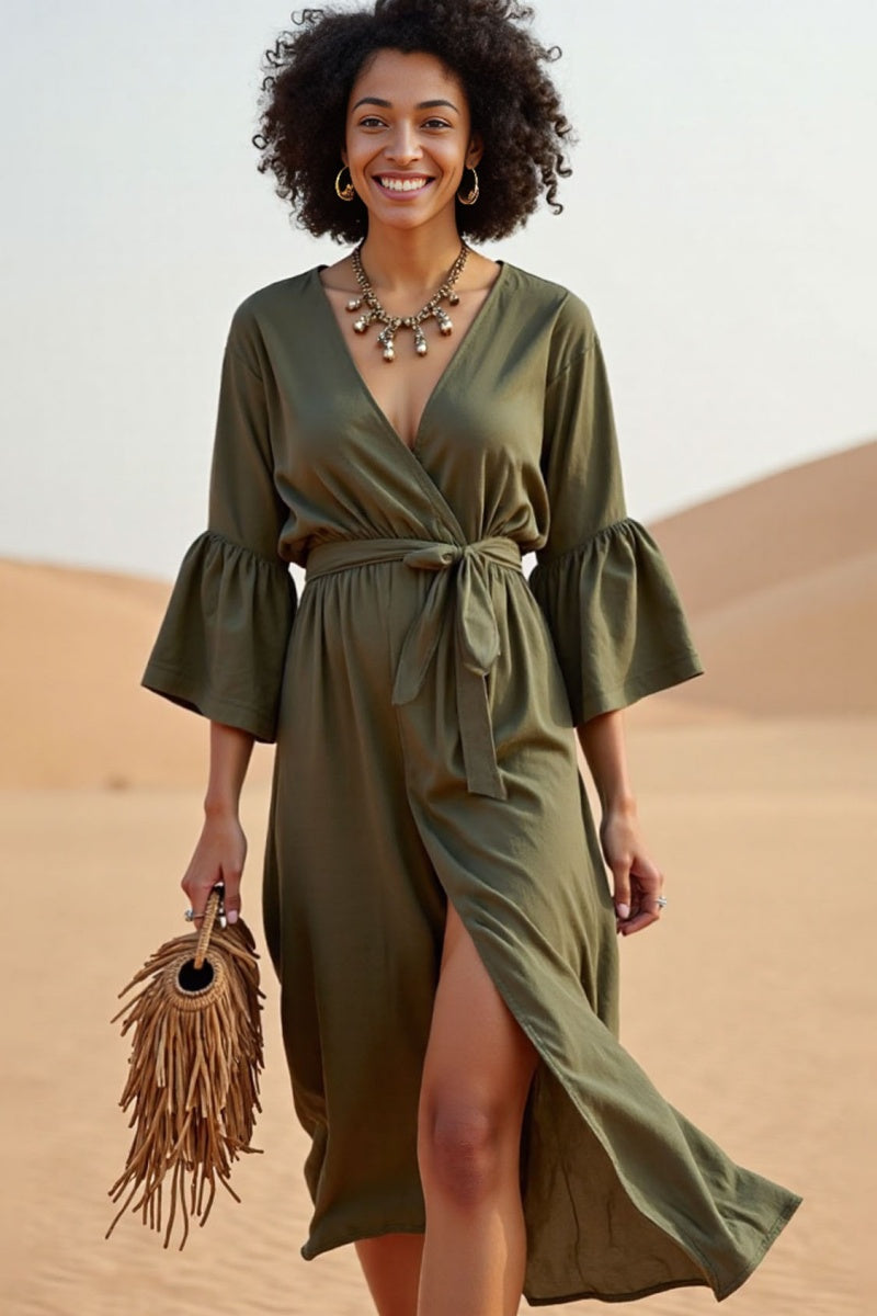 Vacation Casual Loose Dress Green V Neck Split 3/4 Length Sleeve Midi Dress