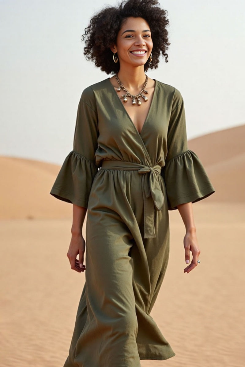 Vacation Casual Loose Dress Green V Neck Split 3/4 Length Sleeve Midi Dress