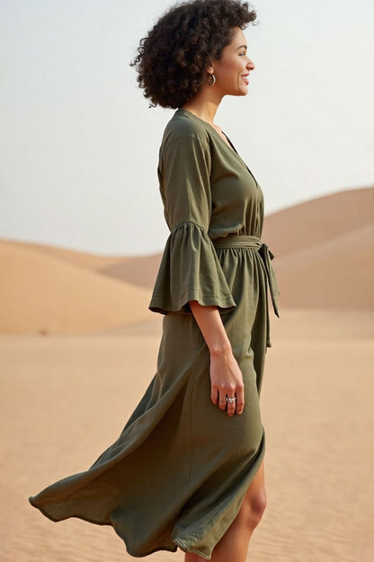 Vacation Casual Loose Dress Green V Neck Split 3/4 Length Sleeve Midi Dress