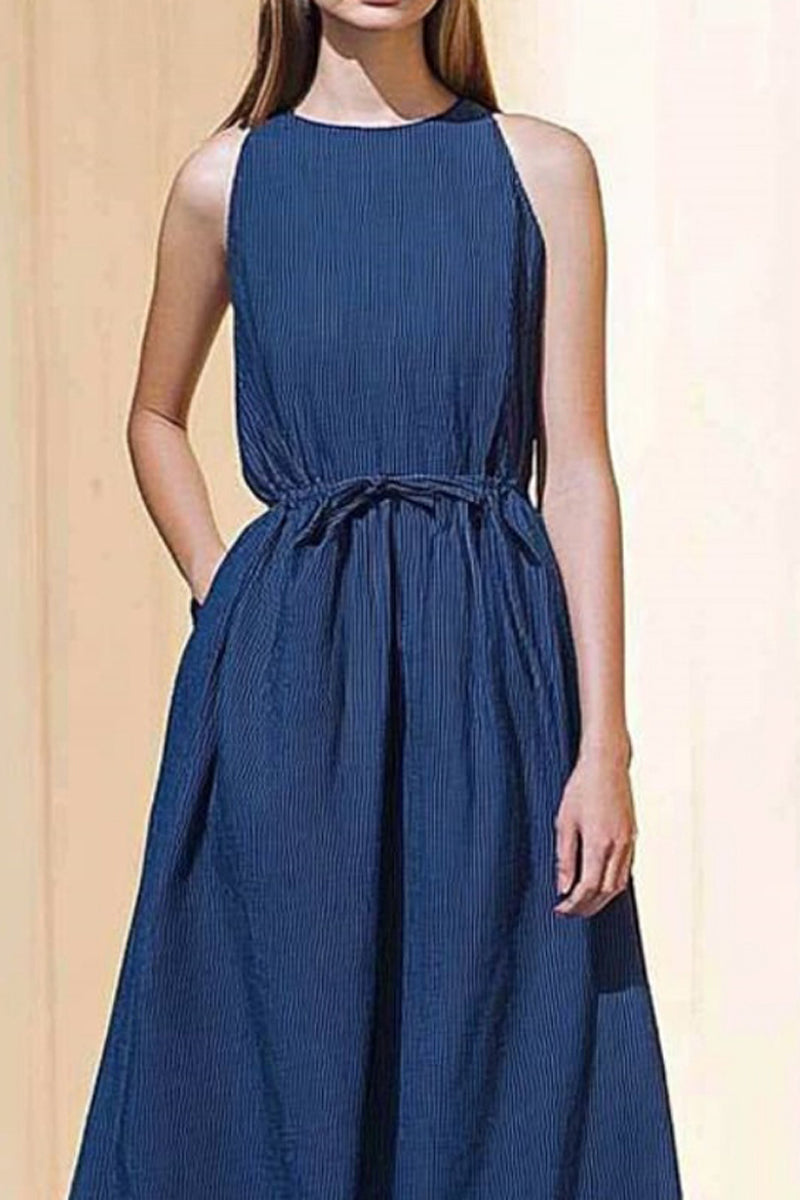 Vacation Casual Dress Regular Fit Navy Blue Crew Neck Sleeveless Maxi Dress