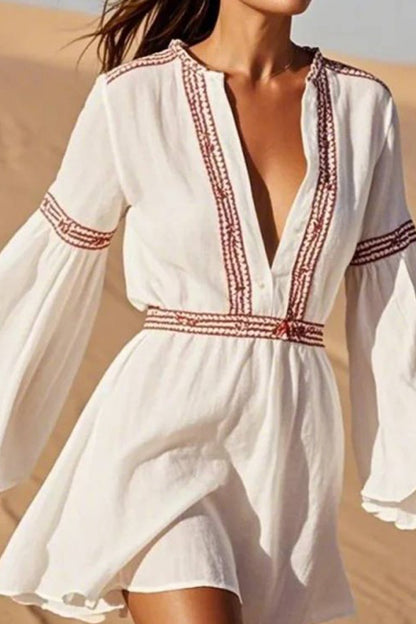 Vacation Casual Loose Dress White Deep V Patchwork Long Sleeve Mini Dress