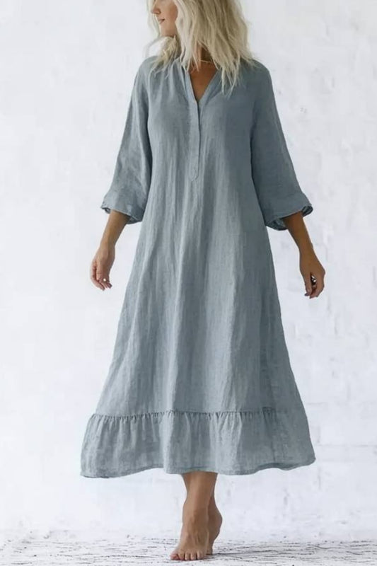 Vacation Casual Loose Dress Blue V Neck Ruffle 3/4 Length Sleeve Maxi Dress