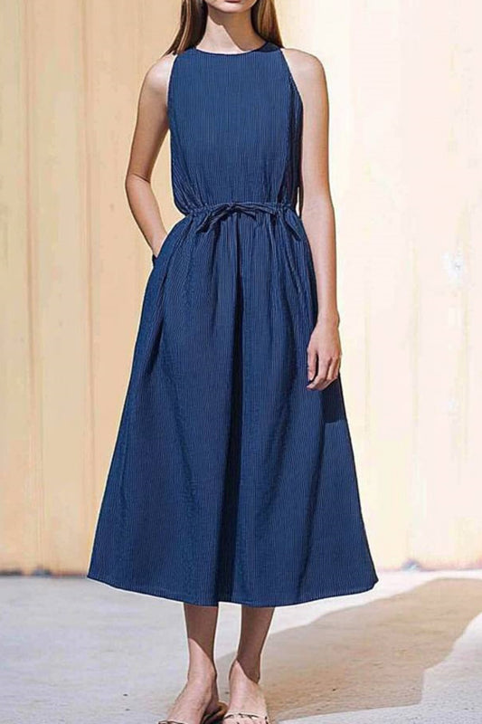 Vacation Casual Dress Regular Fit Navy Blue Crew Neck Sleeveless Maxi Dress