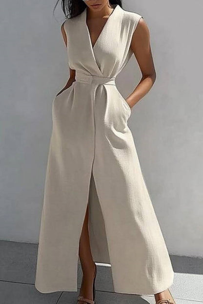 Vacation Casual Loose Dress Khaki V Neck Sleeveless Maxi Dress