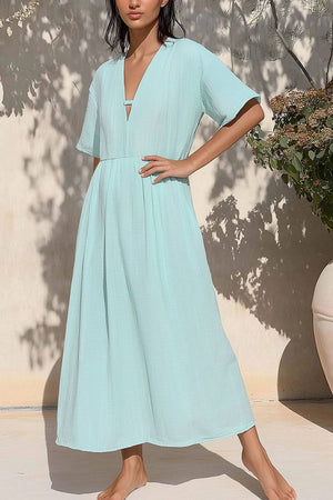 Vacation Casual Loose Dress Linen Deep V-Neck Light Green Half Sleeve Maxi Dress