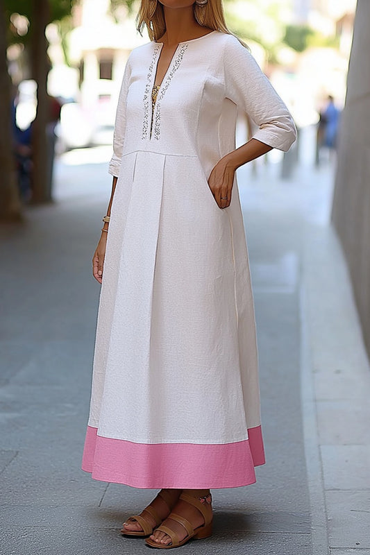 Vacation Casual Loose Dress White V Neck 3/4 Length Sleeve Maxi Dress