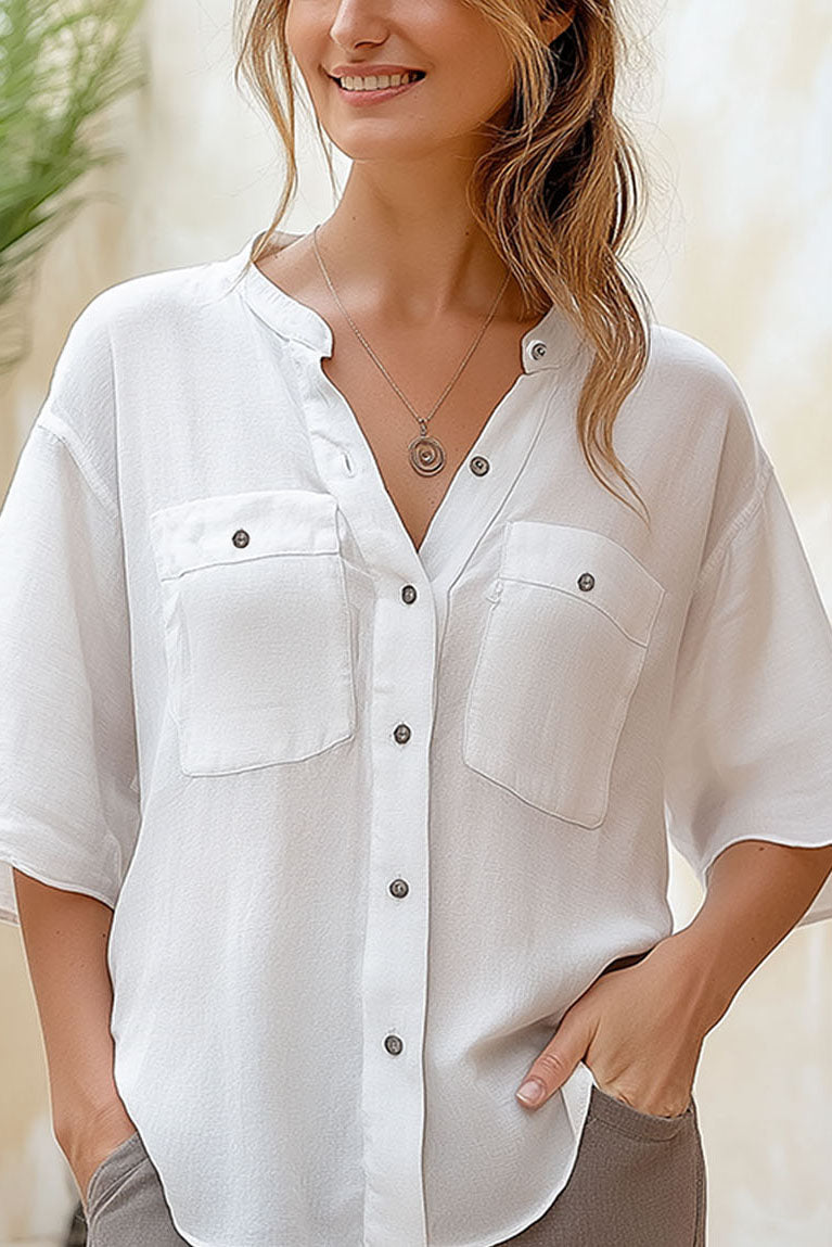 Daily Casual Tops Button-up Half Sleeves Pockets Breathable Linen Shirt